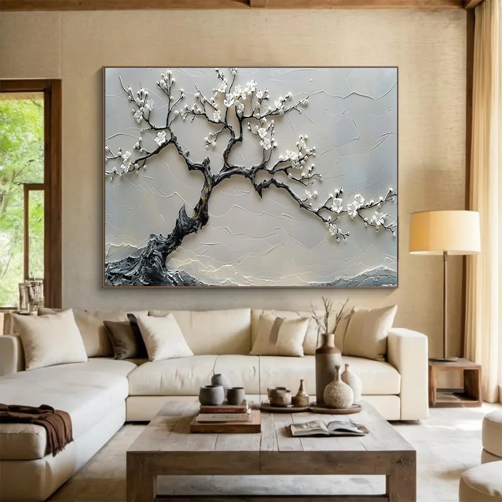 3D Textured White Blossom Tree Abstract Painting on Canvas - “Zen Tree” yTg514 - Image 3