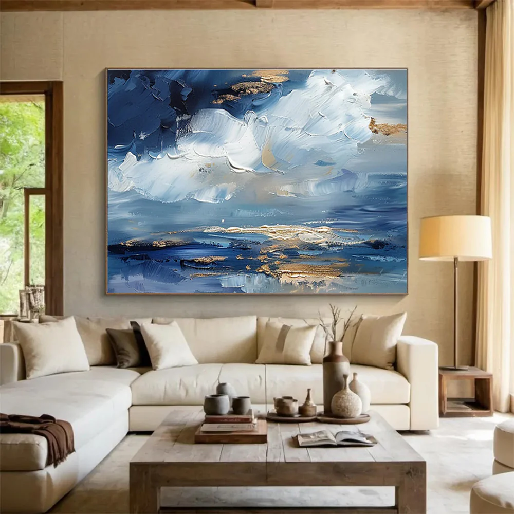 Blue and Gold Sky Abstract Painting on Canvas - “Heavenly Hues” mHu695 - Image 3