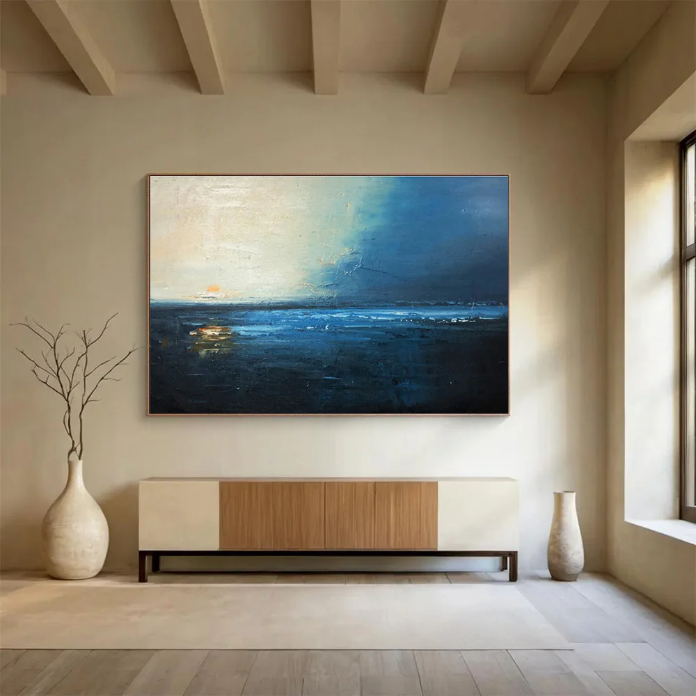 Blue - Toned Coastal Sunset Abstract Painting on Canvas - “Twilight Tide” VUV841 - Image 4