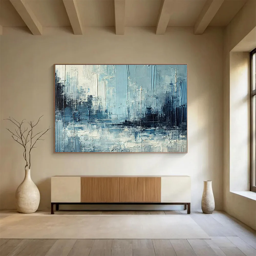 Blue - Gray Urban Abstract Painting On Canvas EZw892 - Image 4