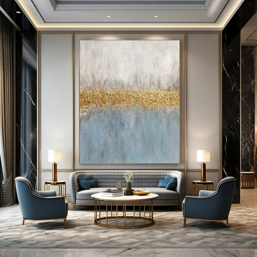 Blue & Gold Abstract Striped Art, Ideal for Serene Bedroom & Sophisticated Office clDCpxEa8906 - Image 4