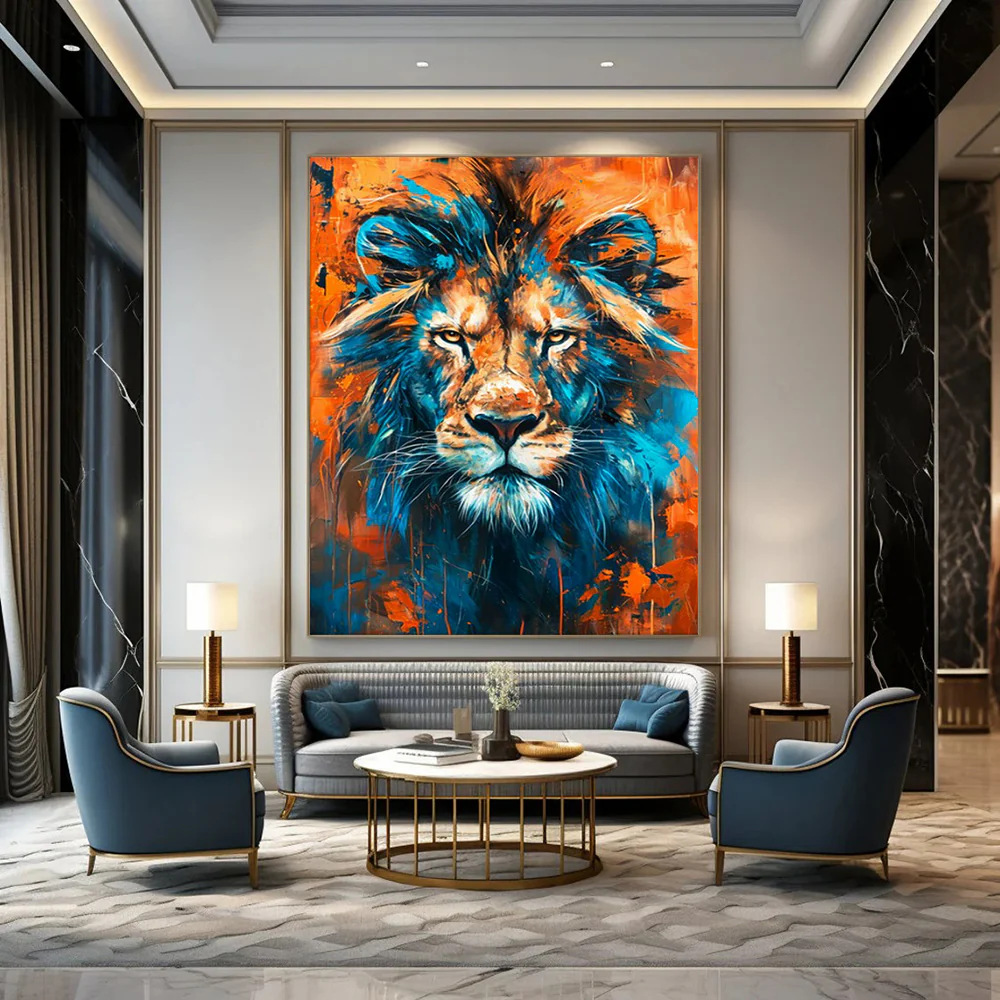 Bold Abstract Lion Art, Blue - and - Orange Toned Painting for Masculine Office & Wildlife - Themed Man Cave zLmynJVP9568 - Image 4