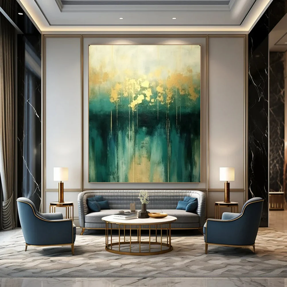 Abstract Painting, Teal & Gold, Elegant Art for Dining Room & Office oLiyHHoD8558 - Image 4