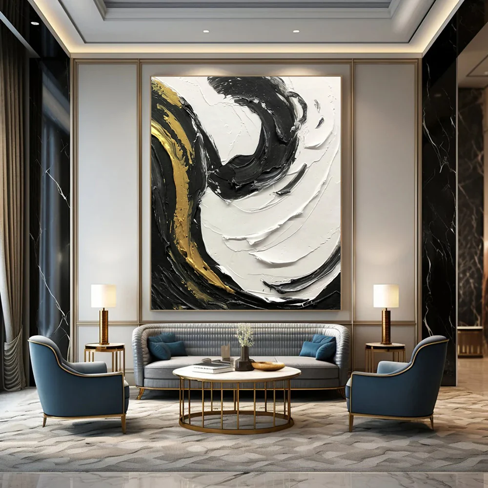 “Gilded Swirls” – Thick black, white, and gold impasto, dynamic curved strokes Dsf499 - Image 4