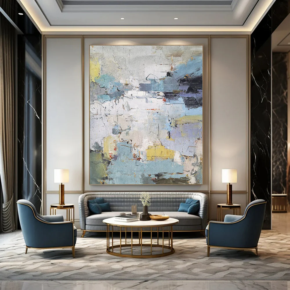 “City in Hues” – Muted blues, whites, grays with pops of yellow and red, abstract shapes Ije964 - Image 4