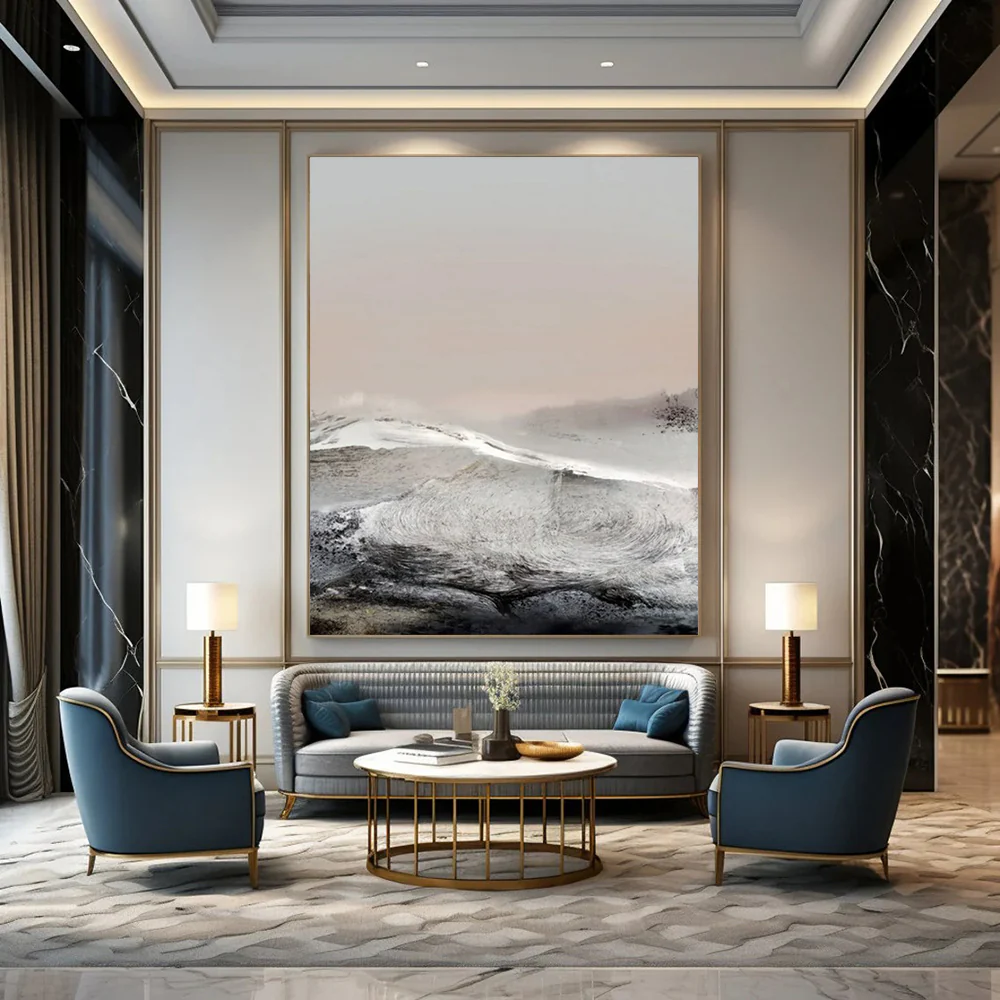 “Frosted Peaks” - Muted grays, whites, soft pinks, wintry mountain landscape xna220 - Image 4