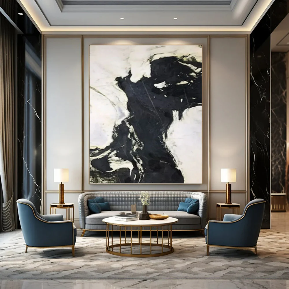 “Black - White Marble - Like Swirls” Abstract Painting on Canvas, Modern Entryway Decor sQh9494 - Image 4