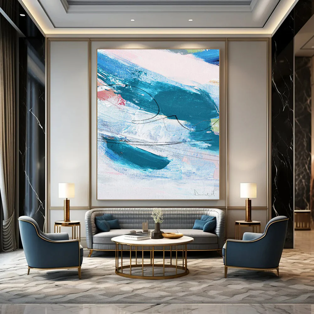 “Blue Rhythm” - Blue, white, pink with dynamic brushstrokes and black lines DSj859 - Image 4