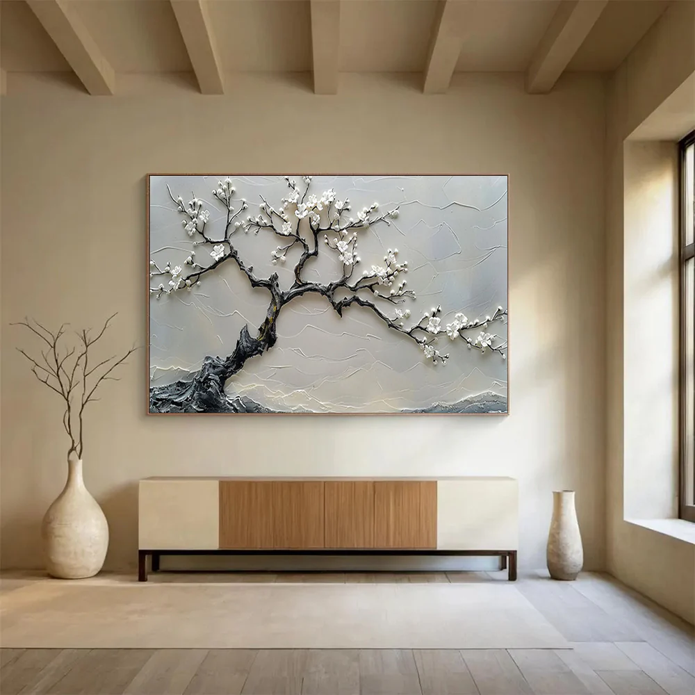3D Textured White Blossom Tree Abstract Painting on Canvas - “Zen Tree” yTg514 - Image 4