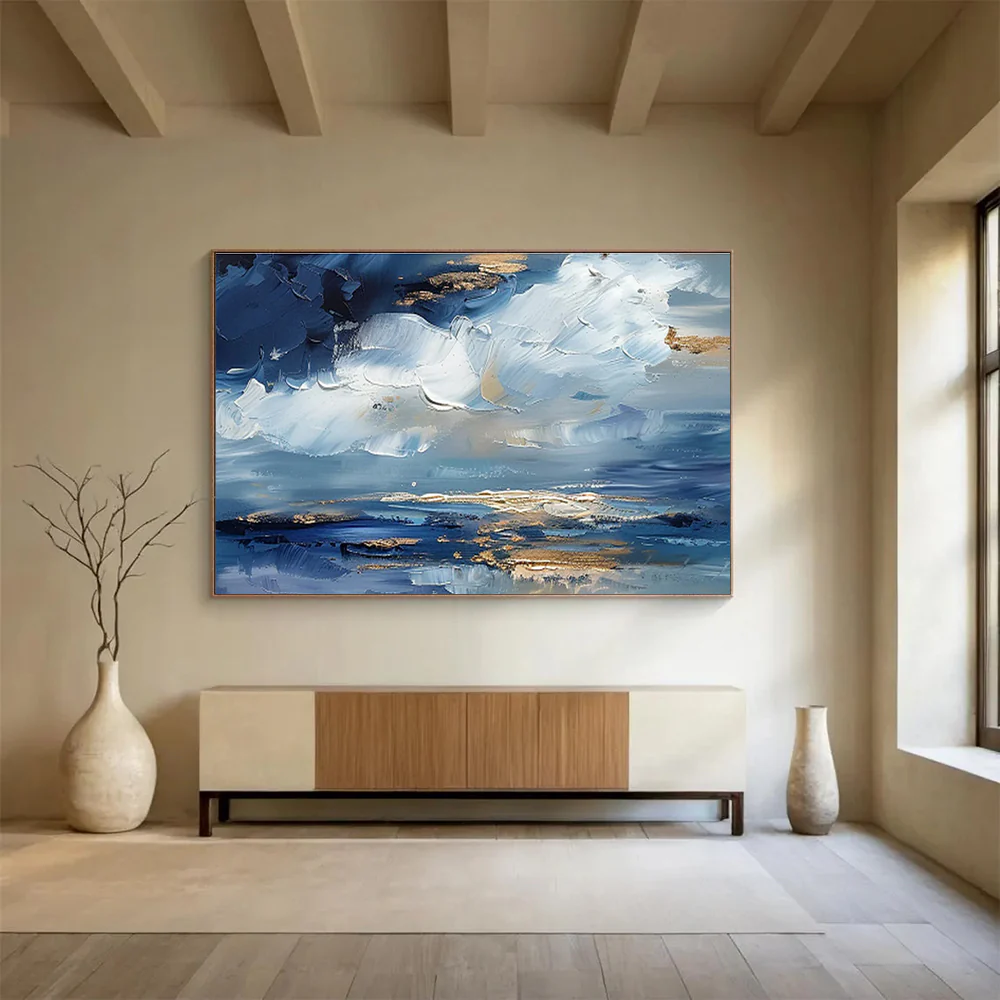 Blue and Gold Sky Abstract Painting on Canvas - “Heavenly Hues” mHu695 - Image 4