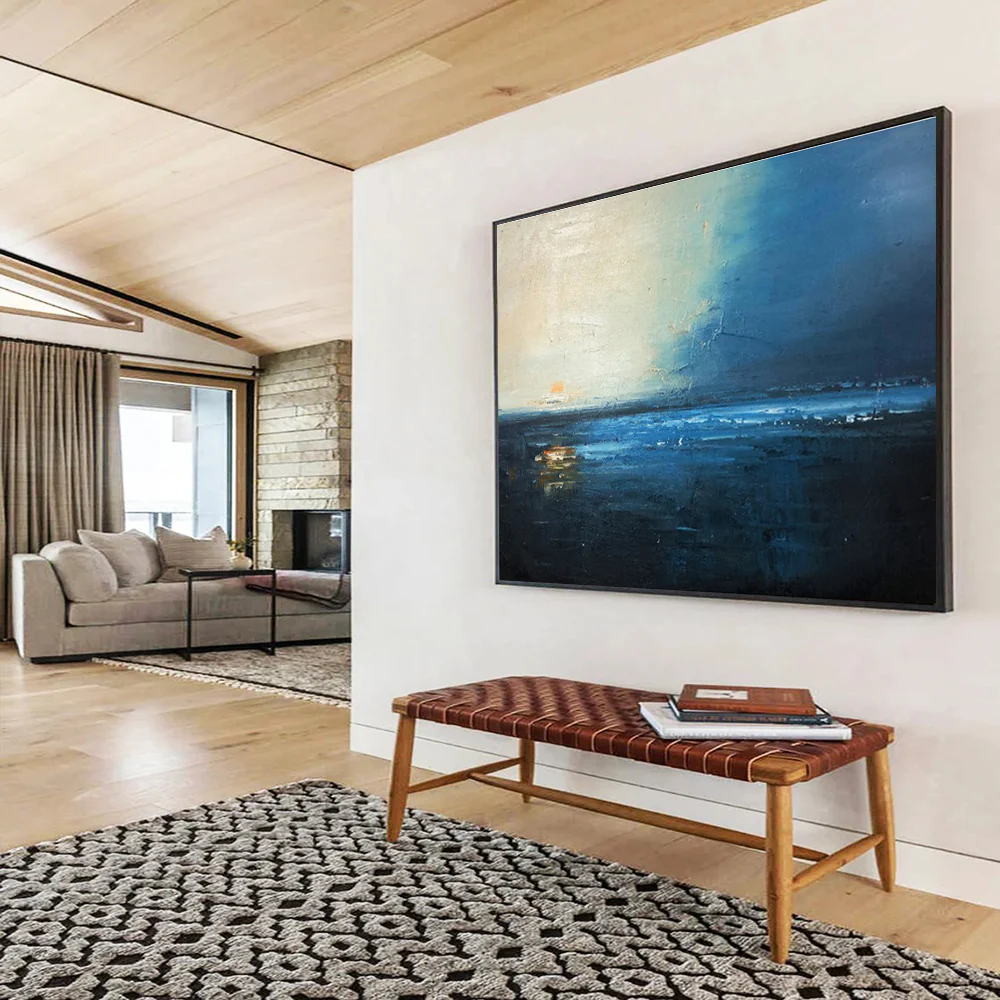 Blue - Toned Coastal Sunset Abstract Painting on Canvas - “Twilight Tide” VUV841 - Image 5