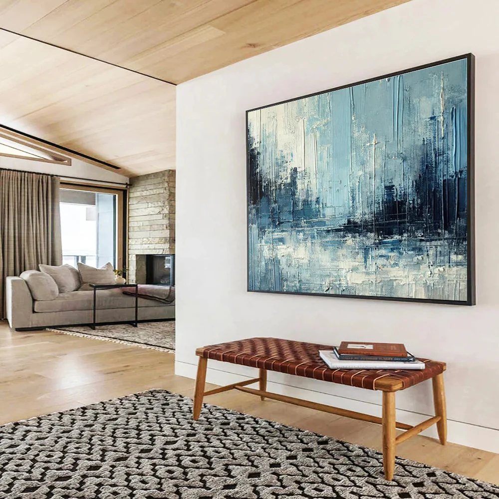 Blue - Gray Urban Abstract Painting On Canvas EZw892 - Image 5