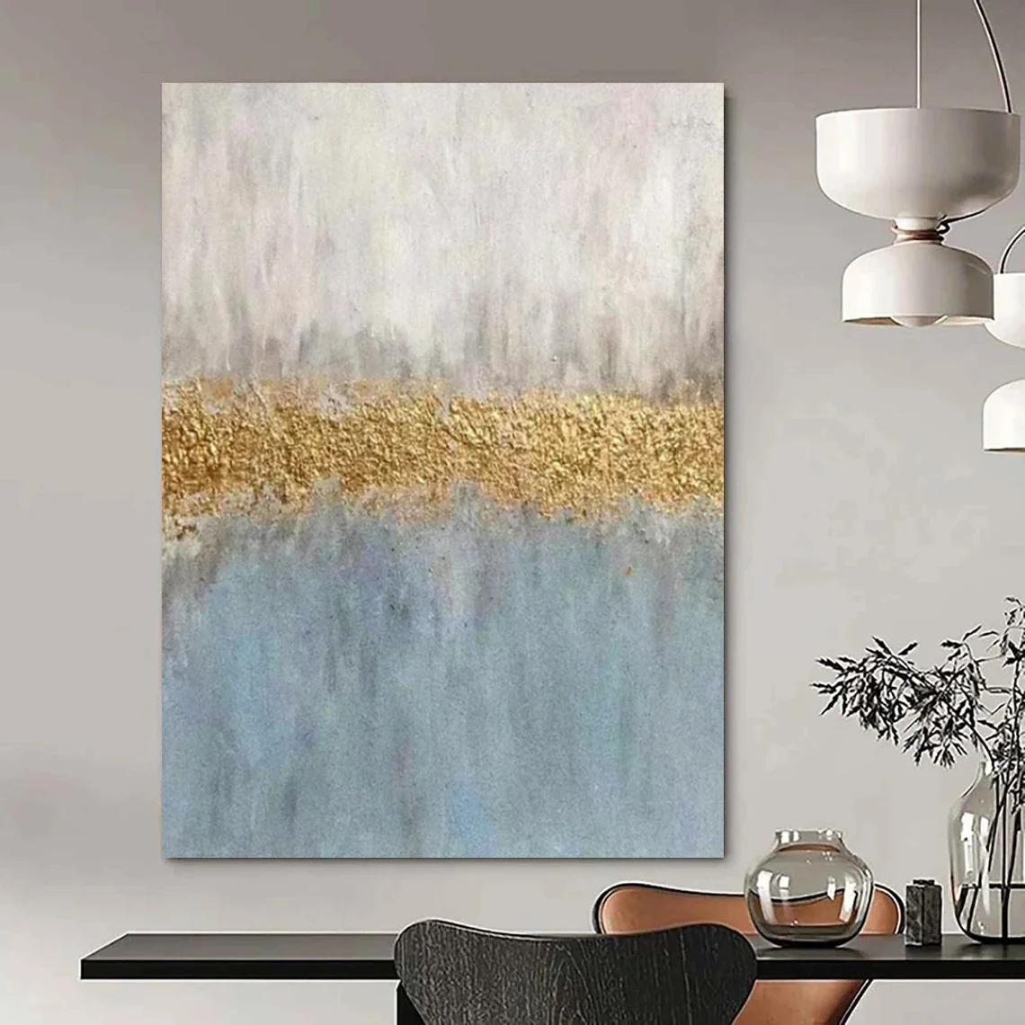 Blue & Gold Abstract Striped Art, Ideal for Serene Bedroom & Sophisticated Office clDCpxEa8906 - Image 5