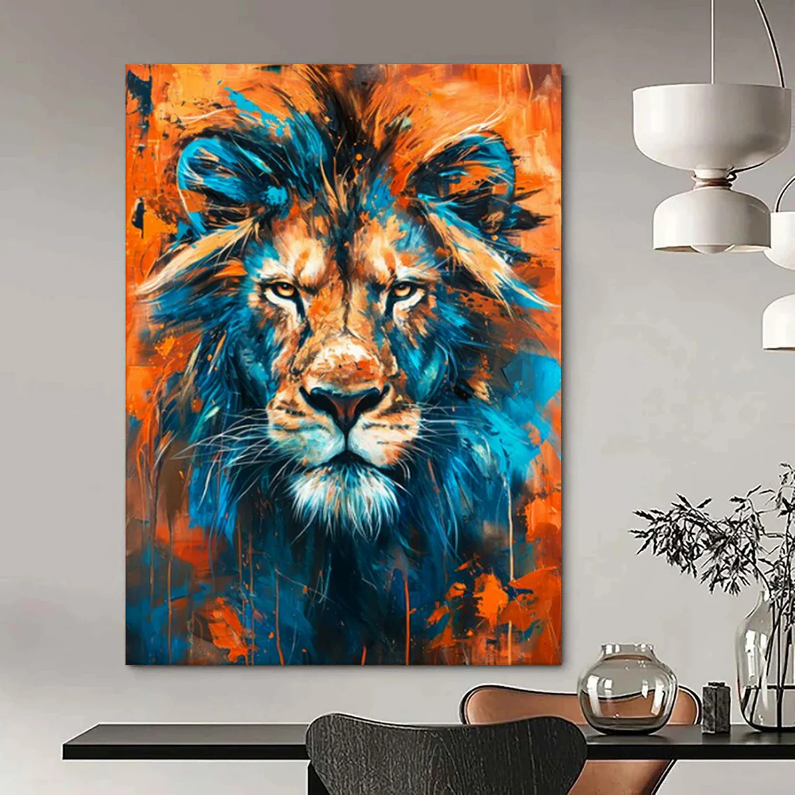 Bold Abstract Lion Art, Blue - and - Orange Toned Painting for Masculine Office & Wildlife - Themed Man Cave zLmynJVP9568 - Image 5