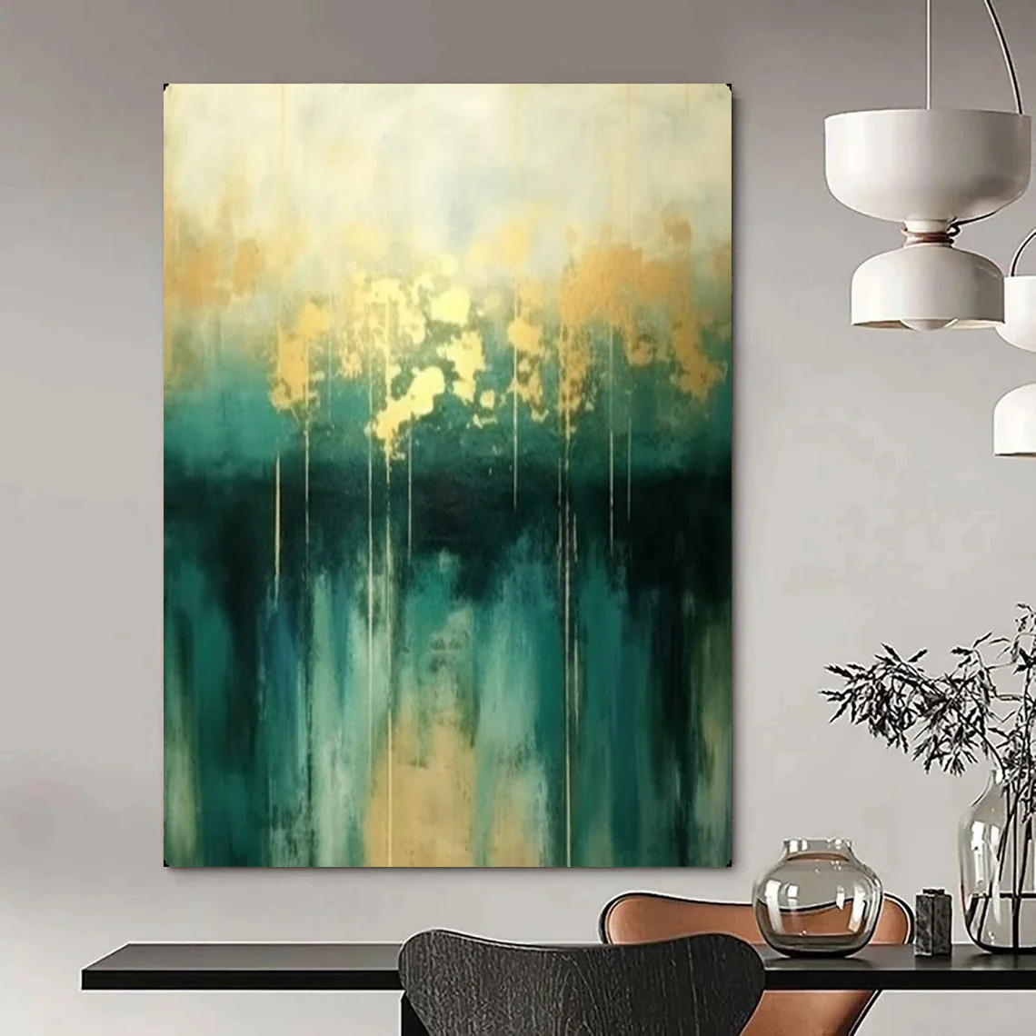 Abstract Painting, Teal & Gold, Elegant Art for Dining Room & Office oLiyHHoD8558 - Image 5