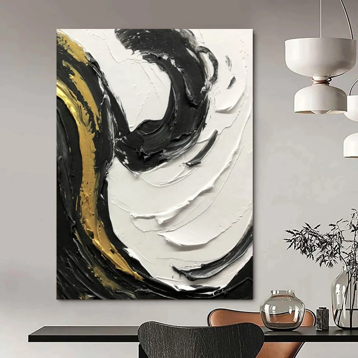 “Gilded Swirls” – Thick black, white, and gold impasto, dynamic curved strokes Dsf499 - Image 5