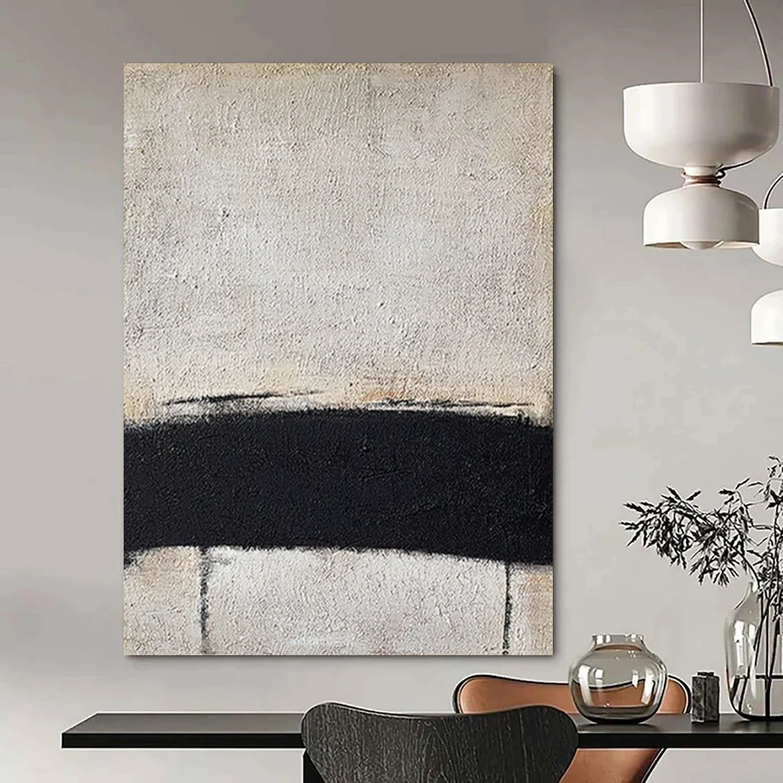 “Black Divide” – Stark black band across textured gray - white canvas jts534 - Image 5
