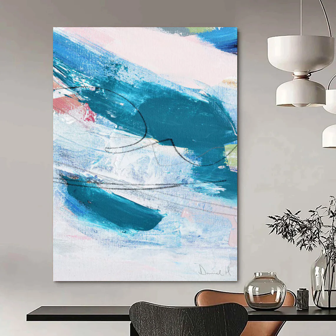 “Blue Rhythm” - Blue, white, pink with dynamic brushstrokes and black lines DSj859 - Image 5