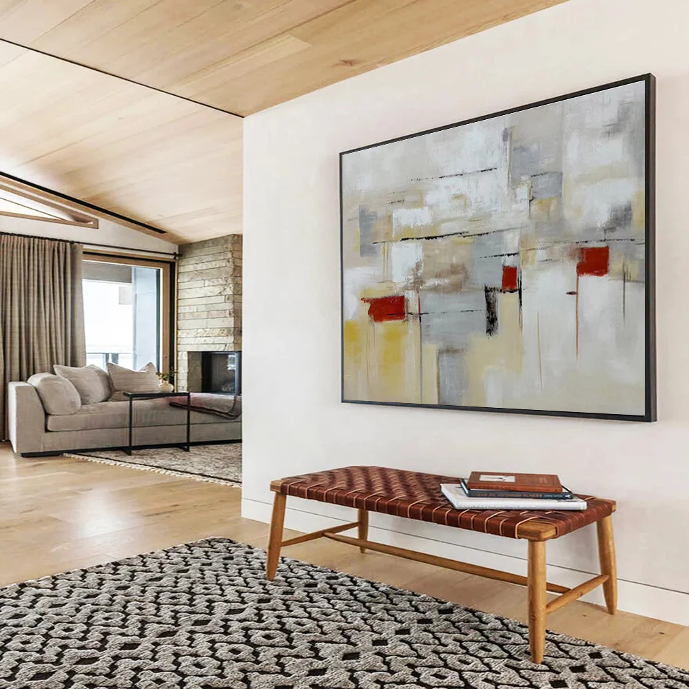 Abstract Geometric Painting on Canvas - “Neutral Tones and Red Accents” prO564 - Image 5
