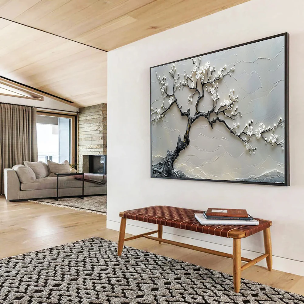 3D Textured White Blossom Tree Abstract Painting on Canvas - “Zen Tree” yTg514 - Image 5