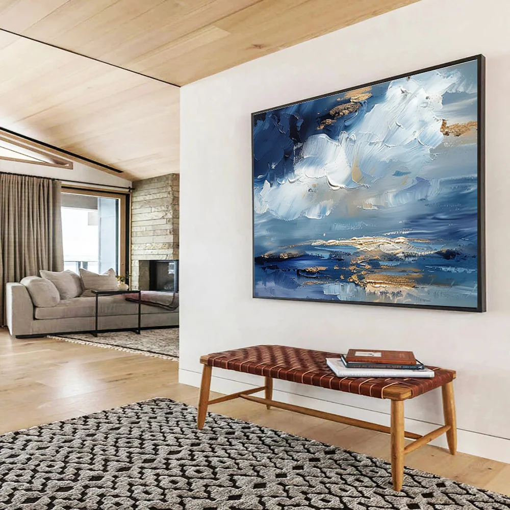 Blue and Gold Sky Abstract Painting on Canvas - “Heavenly Hues” mHu695 - Image 5