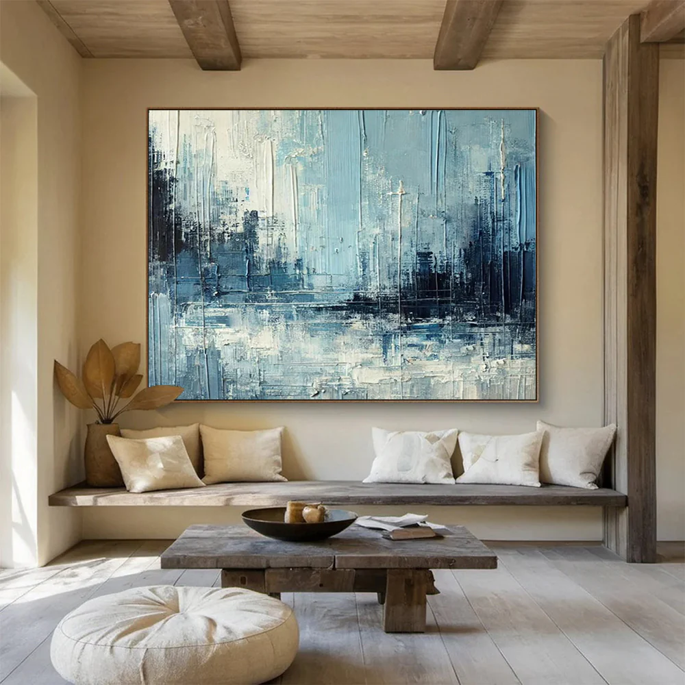 Blue - Gray Urban Abstract Painting On Canvas EZw892 - Image 6