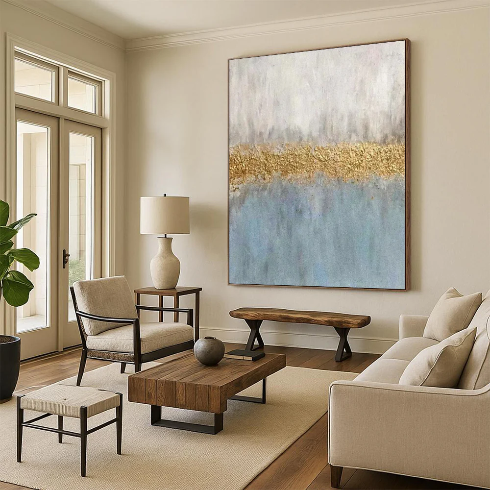 Blue & Gold Abstract Striped Art, Ideal for Serene Bedroom & Sophisticated Office clDCpxEa8906 - Image 6