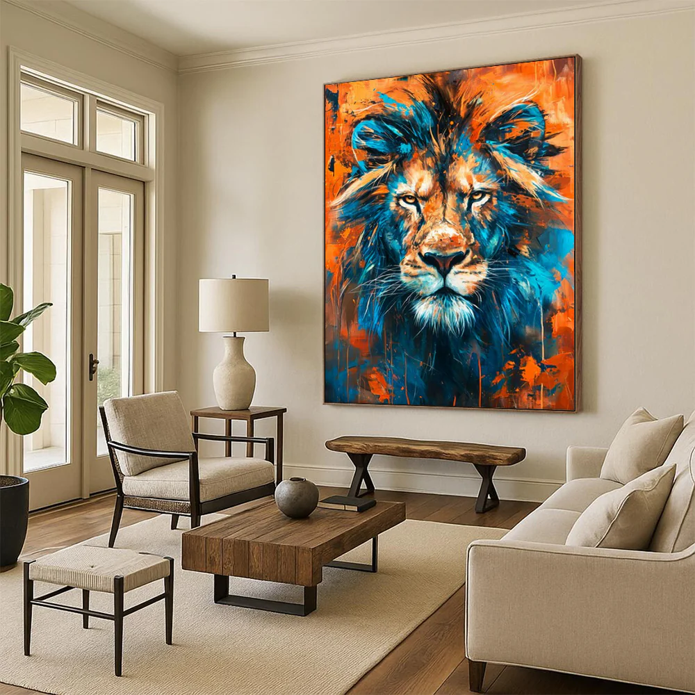 Bold Abstract Lion Art, Blue - and - Orange Toned Painting for Masculine Office & Wildlife - Themed Man Cave zLmynJVP9568 - Image 6