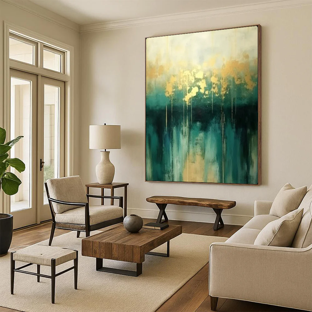 Abstract Painting, Teal & Gold, Elegant Art for Dining Room & Office oLiyHHoD8558 - Image 6