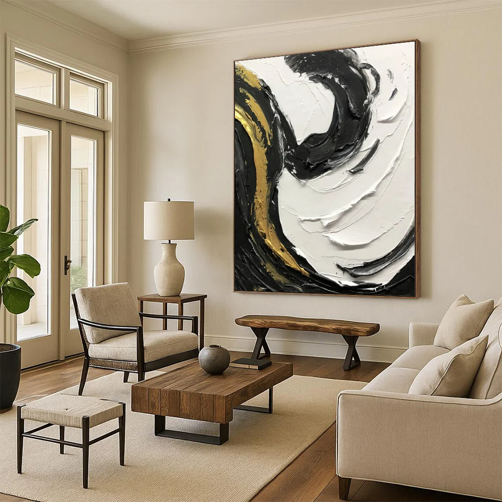 “Gilded Swirls” – Thick black, white, and gold impasto, dynamic curved strokes Dsf499 - Image 6