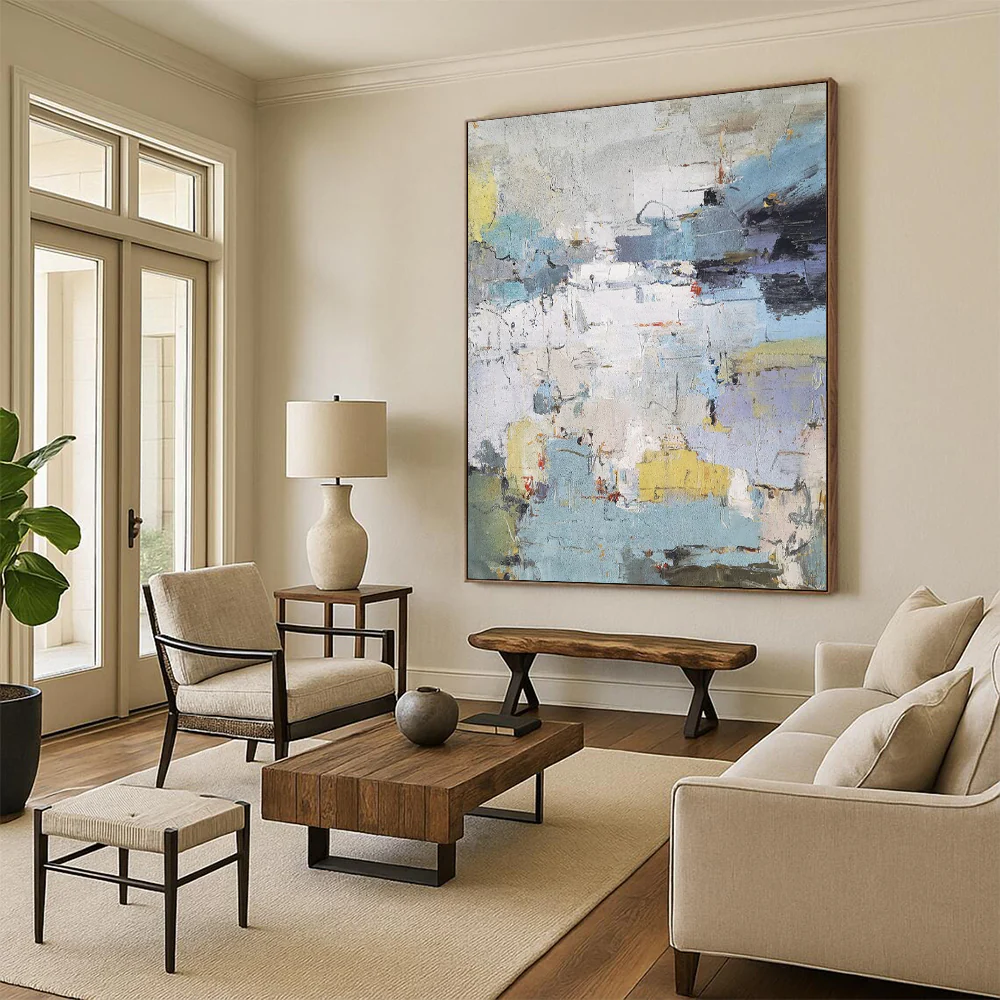 “City in Hues” – Muted blues, whites, grays with pops of yellow and red, abstract shapes Ije964 - Image 6