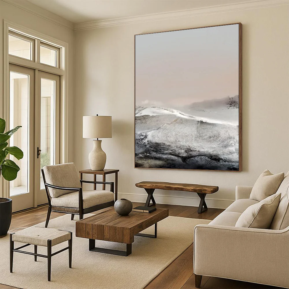 “Frosted Peaks” - Muted grays, whites, soft pinks, wintry mountain landscape xna220 - Image 6