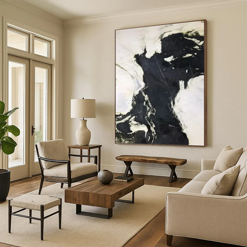 “Black - White Marble - Like Swirls” Abstract Painting on Canvas, Modern Entryway Decor sQh9494 - Image 6