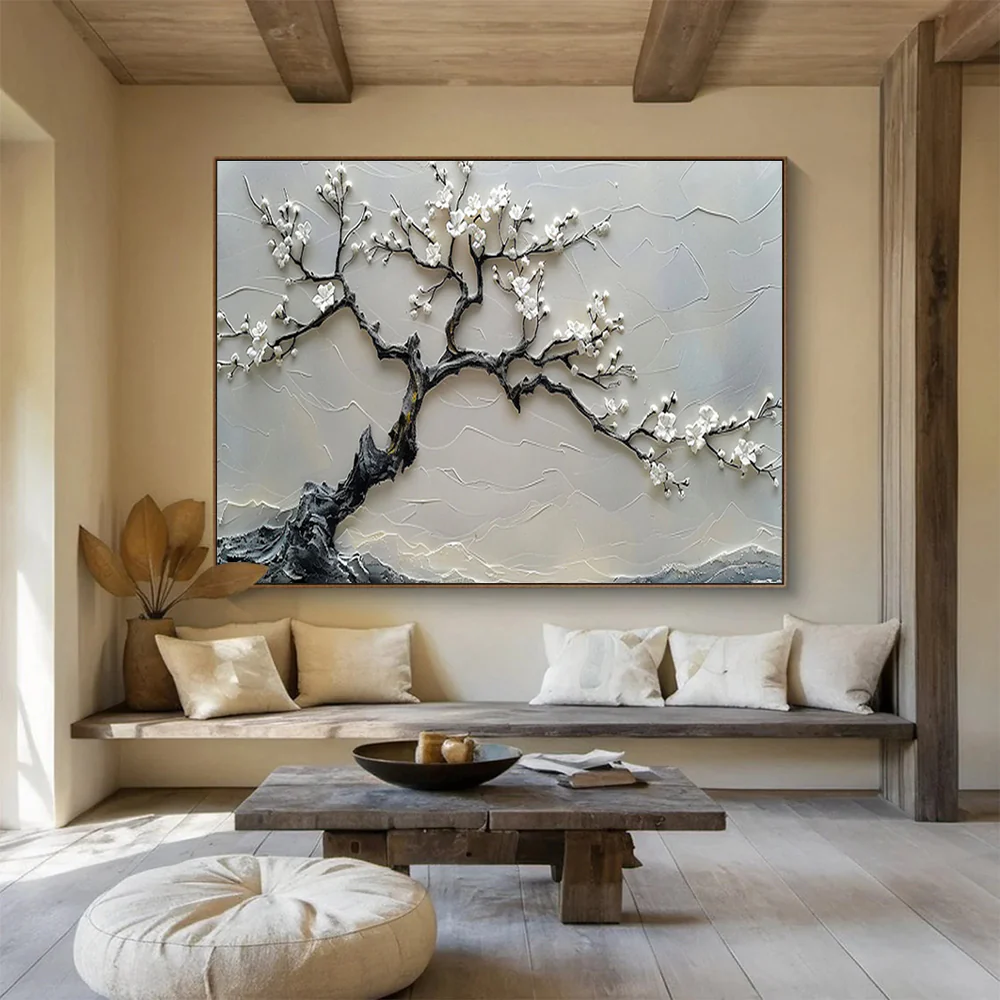 3D Textured White Blossom Tree Abstract Painting on Canvas - “Zen Tree” yTg514 - Image 6