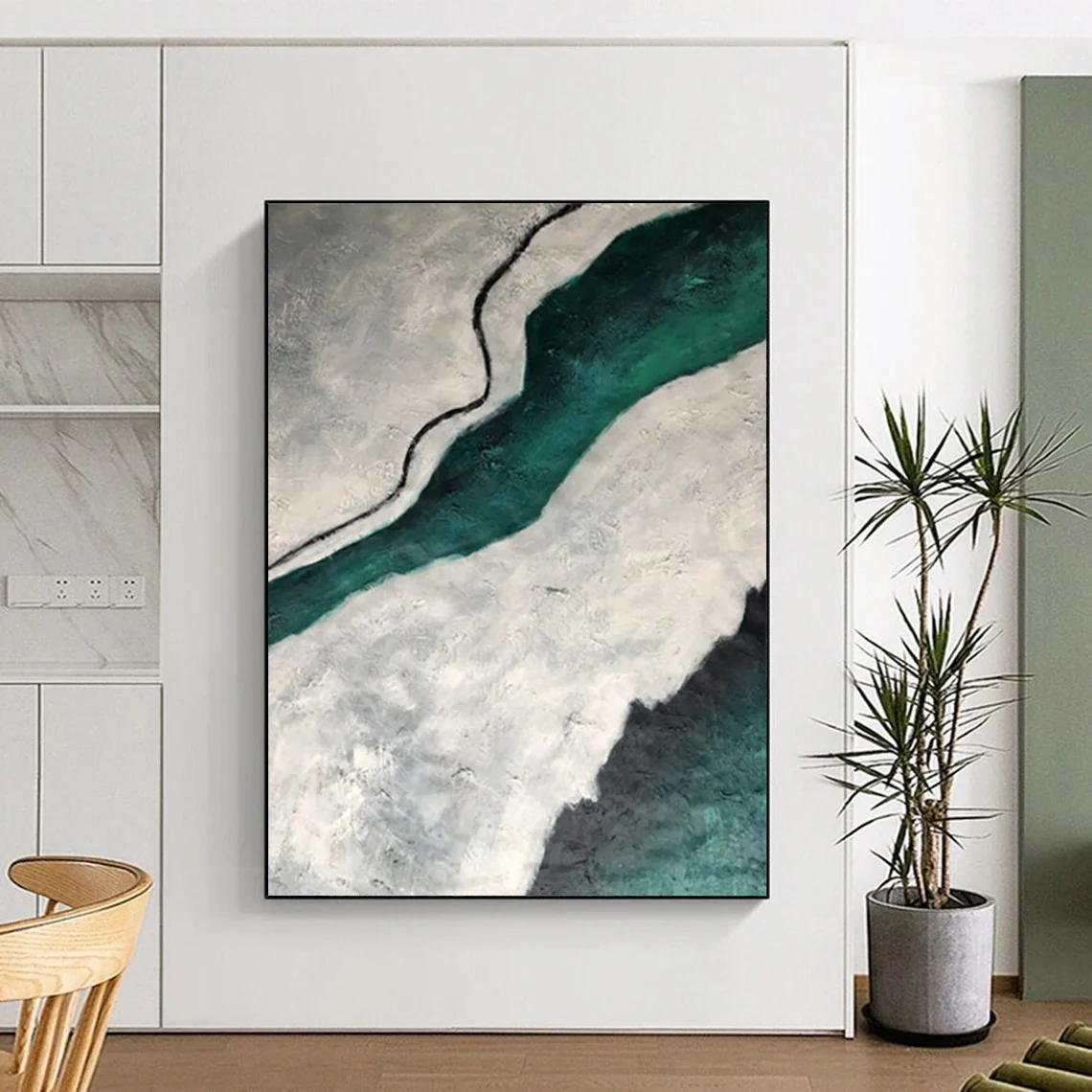 “Aerial River View” – Swirling green river, gray - white land, textured paint PLh295 - Image 7