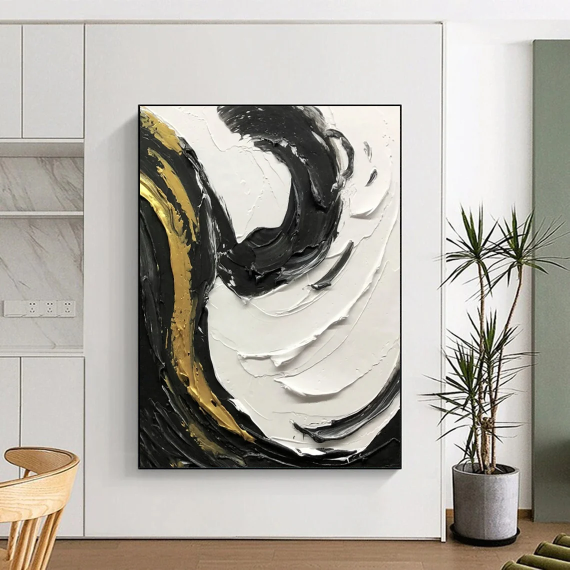 “Gilded Swirls” – Thick black, white, and gold impasto, dynamic curved strokes Dsf499 - Image 7