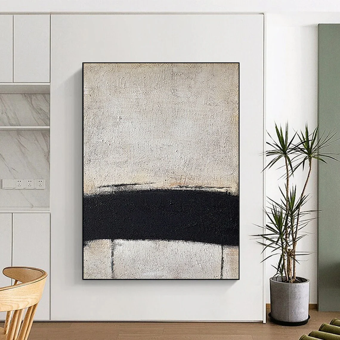 “Black Divide” – Stark black band across textured gray - white canvas jts534 - Image 7