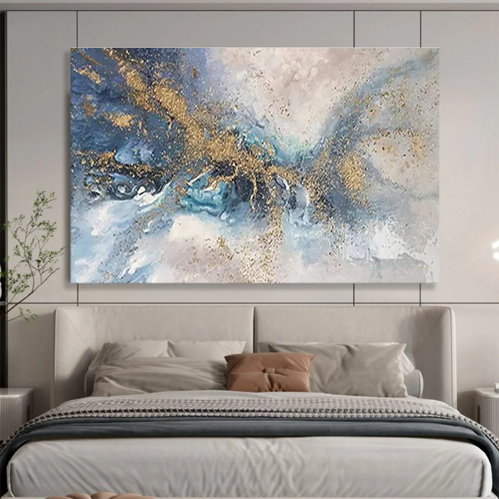 Abstract Gold “Blue - Gold Swirl” Painting on Canvas, Luxurious Modern Art obv365 - Image 7